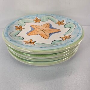 Set of 4 Bella Ceramica Starfish Coastal Dinner Plates Delray Green 9"